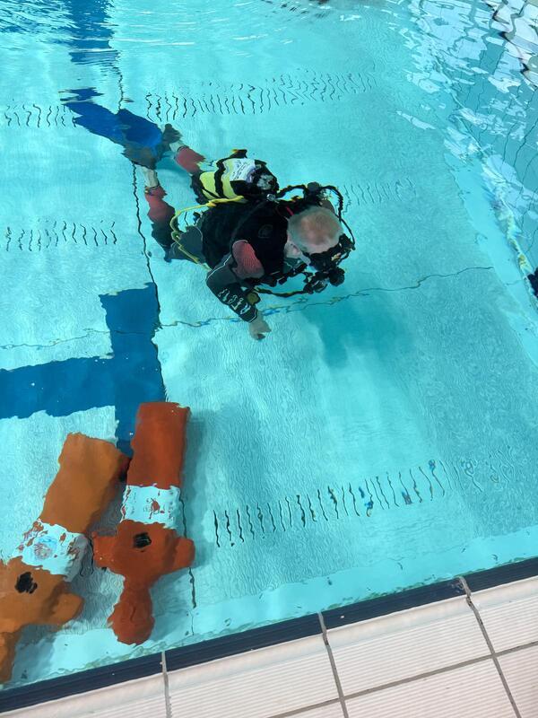 diver in the water with manekins