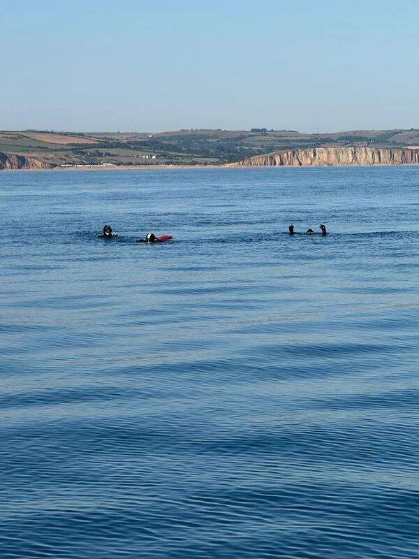 divers ont he surface with west bay in the background