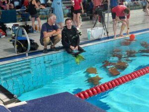 chatting on poolside