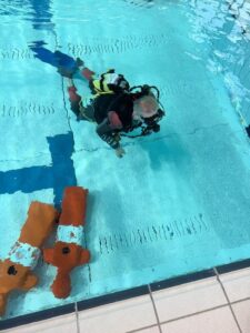 diver in the water with manekins